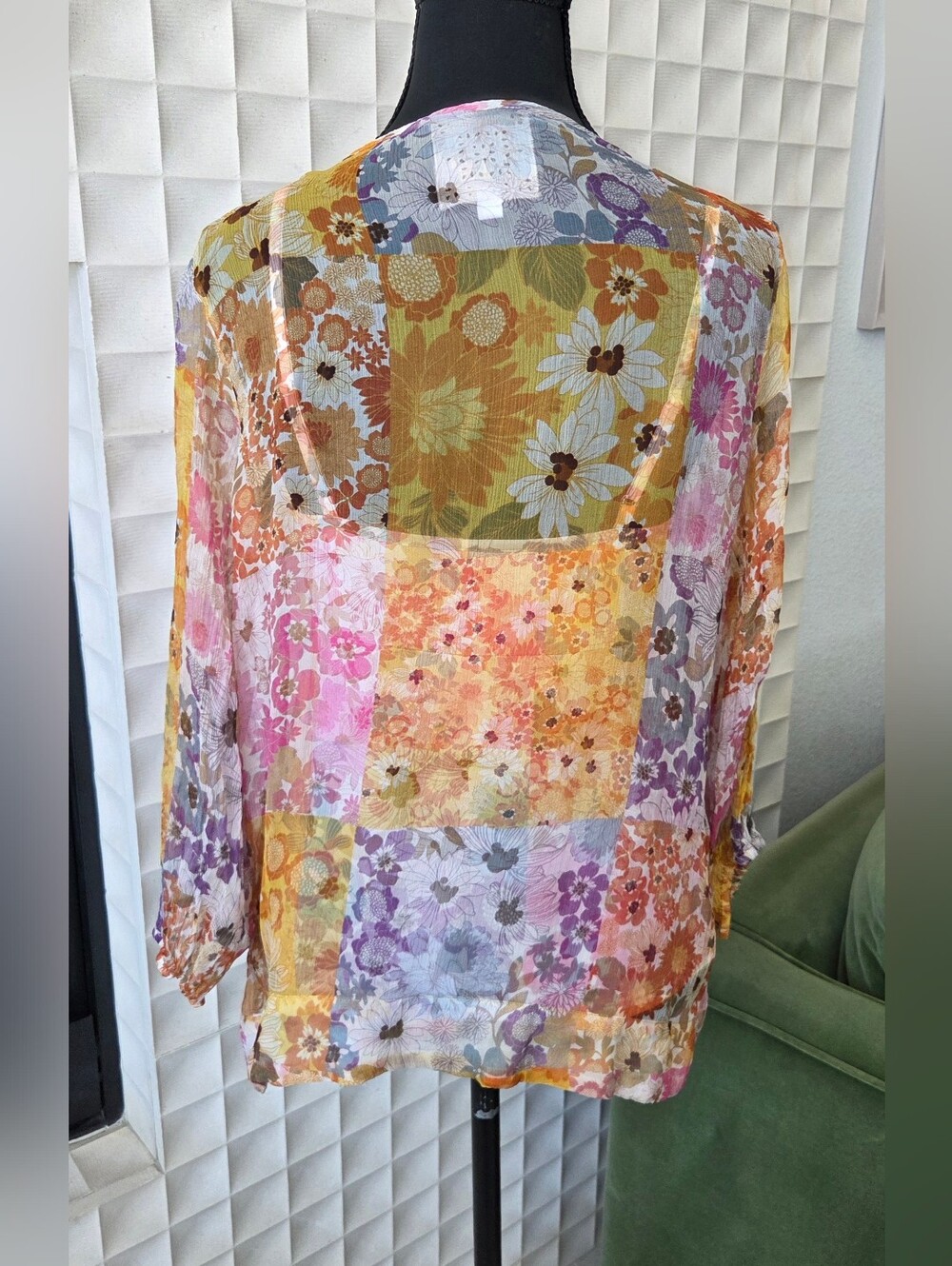 Johnny Was Becky Silk Chiffon Peasant Top Patchwork Floral Tassel Ties Small - Picture 4 of 12